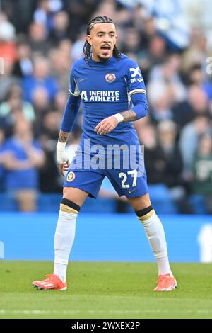 London, UK. 30th Mar 2024. Malo Gusto (27 Chelsea) during the Premier League match between Chelsea and Burnley at Stamford Bridge, London on Saturday 30th March 2024. (Photo: Kevin Hodgson | MI News) Credit: MI News & Sport /Alamy Live News Stock Photo