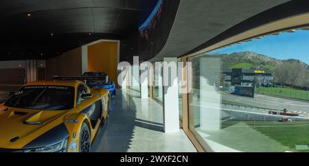 Varano de' Melegari, Italy (25th March 2024) - One of the wide windows of the exhibition gallery of the Dallara Academy (2018, architect A. Femia) Stock Photo