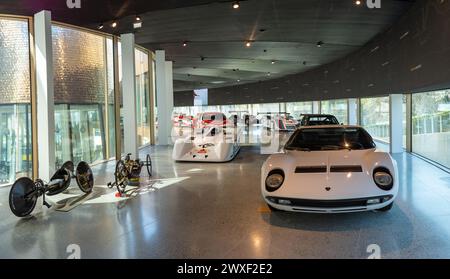 Varano de' Melegari, Italy (25th March 2024) - The exhibition gallery inside the Dallara Academy (2018, architect A. Femia) with a Lamborghini Miura Stock Photo
