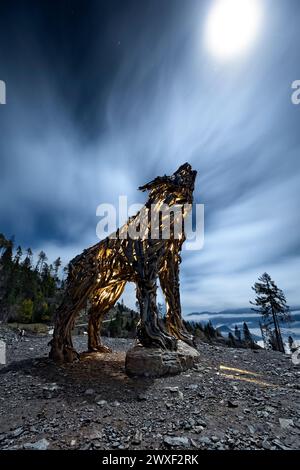 The 'Lupa del Lagorai' on a full moon night: a work of land art made of wood. Vetriolo, Levico Terme, Trentino, Italy. Stock Photo