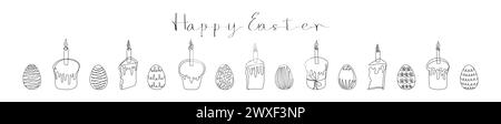 Set of Easter Kulich cakes with lit candles and painted eggs. Happy Easter greeting. Continuous one line drawing of cupcakes and eggs. Vector isolated Stock Vector
