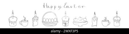 Easter Set in continuous one line style with design elements like Easter cakes with lit candles, wicker basket with painted eggs, steaming mugs. Happy Stock Vector