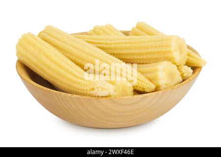 Pickled young baby corn cobs in wooden bowl isolated on white background Stock Photo