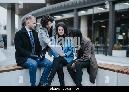 A multi-ethnic team of four business colleagues are examining and discussing paperwork outside of a modern office building. Stock Photo