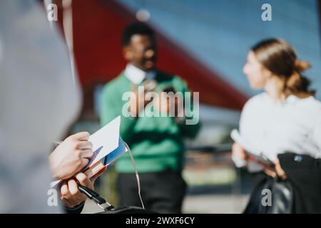 Multicultural business team discussing strategy outdoors Stock Photo