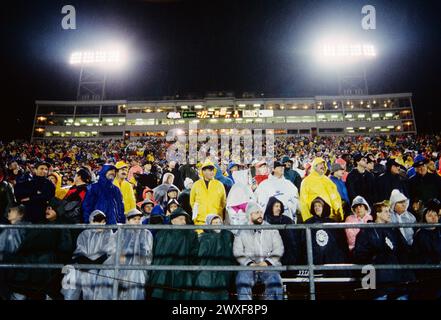 Student fans brave the rain, Pennsylvania State University vs. University of Pittsburg, traditional football rivalry, Beaver Stadium, State College, P Stock Photo