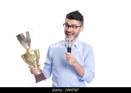 Successful business man hold champion cup. Business reward and success. Businessman announce winner. Business success. Businessman on business success Stock Photo