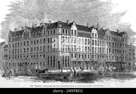 GEORGE PEABODY (1795-1869) American financier and philanthropist. Wood engraving from the Illustrated London News  in July 1863  showing the first block of Peabody housing in Commercial Street, Spitalfields, London. Stock Photo