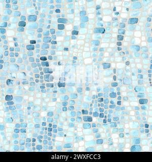 Abstract crocodile reptile scales blue and grey watercolor seamless background. Watercolour hand drawn animal skin mosaic print. Geometrical texture. Stock Photo