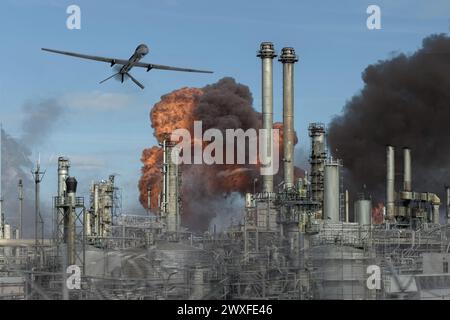 Drone flying over oil depot, oil tank burning and smoking, refinery fire, drone attack. Stock Photo