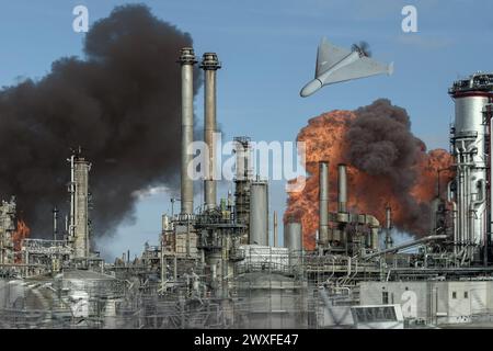 an unmanned drone attacks an oil depot, oil burns and smokes, a fire at an oil refinery. Stock Photo