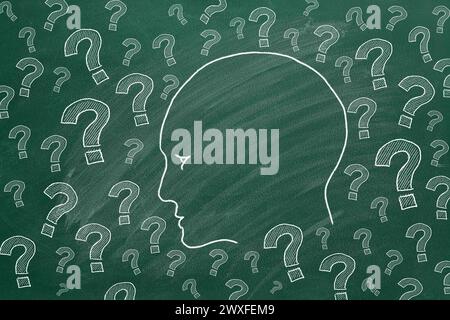 Human head with question marks. Illustration on greenboard. Stock Photo