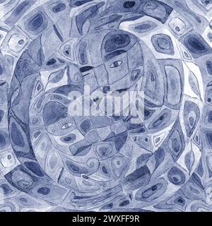 Abstract watercolor symbolism monochrome background. Hand drawn navy blue monochrome seamless pattern. Watercolour abstraction. Yin and yang harmony. Stock Photo