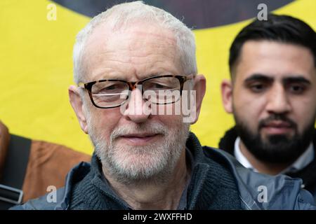 London, UK. 30 March, 2024. Former Labour party Jeremy Corbyn MP joins tens of thousands of Palestine supporters marching through central London to Trafalgar Square calling for a ceasefire and an end to UK and US support for Israel's siege, bombardment and invasion of Gaza following an attack by Hamas militants. Credit: Ron Fassbender/Alamy Live News Stock Photo