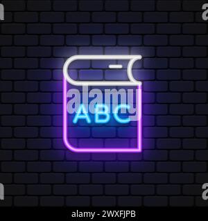 ABC book neon sign. Study book glowing icon. Vector illustration Stock Vector