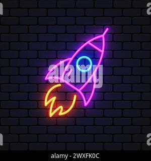 Rocket neon in retro style on light background. Vector illustration Stock Vector