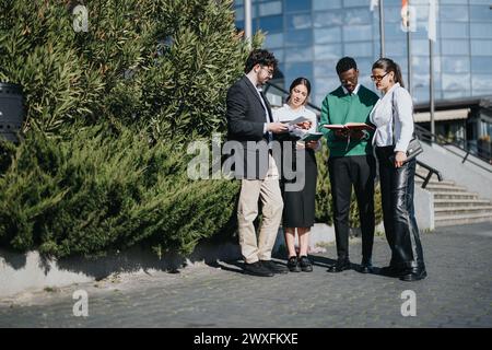 Multicultural business team strategizing outdoors near office building Stock Photo