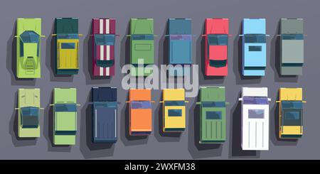 colorful various vehicles top view in set Stock Vector