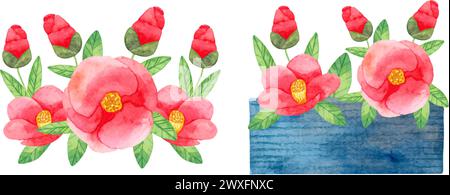 Composition of Japanese camellia with red flowers with leaves and in a vase. Botanical watercolor illustration. Simple stylized style. Hand drawing Stock Vector
