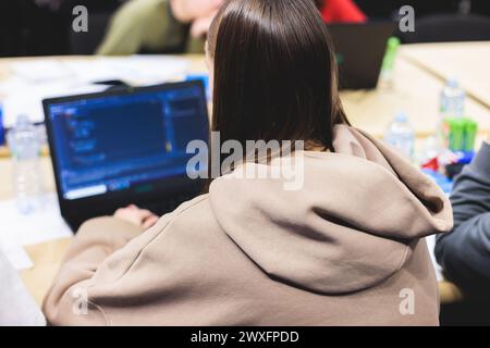 Software developer students in auditorium hall working on computer and laptop, programming contest hackathon competition, pc with coding program app, Stock Photo