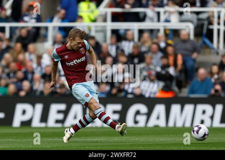 Newcastle, UK. 30th Mar 2024. West Ham United's James Ward-Prowse in action during the Premier League match between Newcastle United and West Ham United at St. James's Park, Newcastle on Saturday 30th March 2024. (Photo: Mark Fletcher | MI News) Credit: MI News & Sport /Alamy Live News Stock Photo