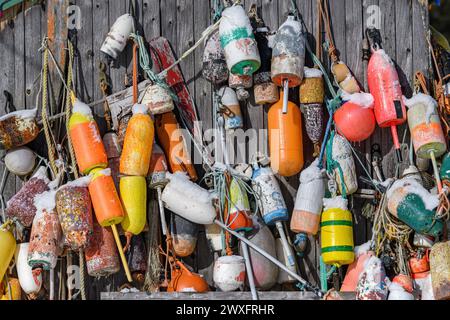 Many fishing buoys hanging from the side of a faded wooden building. These are the type of buoy used by commercial fishermen. Stock Photo