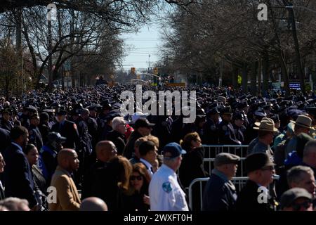 New York, New York, USA. 30th Mar, 2024. Thousands of members of of the NYPD as well as law enforcement personnel from around the country attend the funeral of 31-year-old Officer Jonathan Diller who was shot and killed in the line of duty on March 25th during a traffic stop in Queens. (Credit Image: © Edna Leshowitz/ZUMA Press Wire) EDITORIAL USAGE ONLY! Not for Commercial USAGE! Credit: ZUMA Press, Inc./Alamy Live News Stock Photo