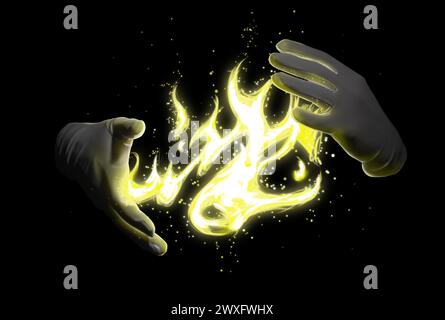 Magician performing magic trick on black background, closeup Stock Photo