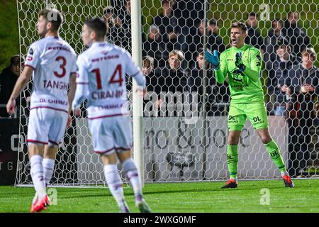 goalkeeper Ortwin De Wolf (97) of Zulte-Waregem pictured during a soccer game between KMSK Deinze and SL16 FC during the 16th matchday in the Challenger Pro League 2023-2024 season , on  Saturday 30 March 2024  in Deinze , Belgium . PHOTO SPORTPIX | Stijn Audooren Stock Photo