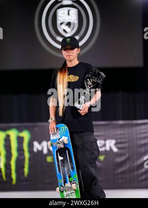 Las Vegas, United States. 30th Mar, 2024. LAS VEGAS, NV - March 30: Liz Akama takes 1st place in the women's competition during the skate league tournament at UFC Apex for Street League Apex Vegas on March 30, 2024, in Las Vegas, United States. (Photo by Louis Grasse/PxImages) Credit: Px Images/Alamy Live News Stock Photo