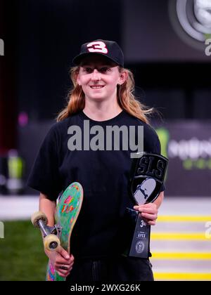 Las Vegas, United States. 30th Mar, 2024. LAS VEGAS, NV - March 30: Poe Pinson takes 3rd place in the women's competition during the skate league tournament at UFC Apex for Street League Apex Vegas on March 30, 2024, in Las Vegas, United States. (Photo by Louis Grasse/PxImages) Credit: Px Images/Alamy Live News Stock Photo