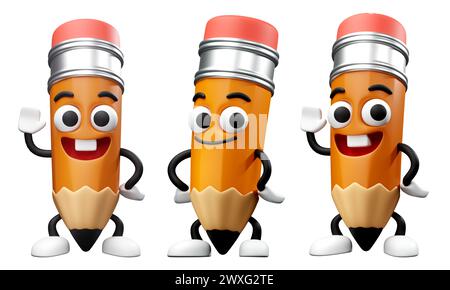 A set of 3D pencil character mascot with different poses. Smiling pencil cartoon waving hand illustration. Back to school concept Stock Photo