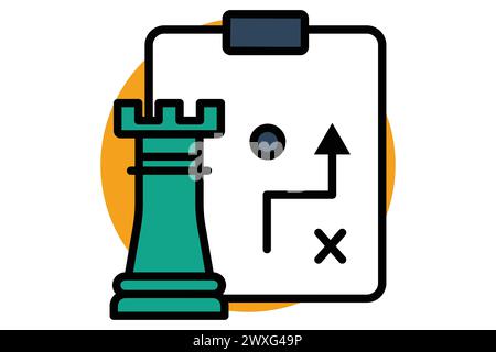 strategy icon. chess rook with strategy board. icon related to action plan, business. flat line icon style. business element illustration Stock Vector
