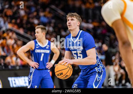 Detroit, United States. 29th Mar, 2024. Baylor Scheierman of Creighton Bluejays in action against the Tennessee Volunteers in the Sweet 16 round of the NCAA Men's Basketball Tournament at Little Caesars Arena. Final score; Tennessee 82-75 Creighton (Photo by Nicholas Muller/SOPA Images/Sipa USA) Credit: Sipa USA/Alamy Live News Stock Photo