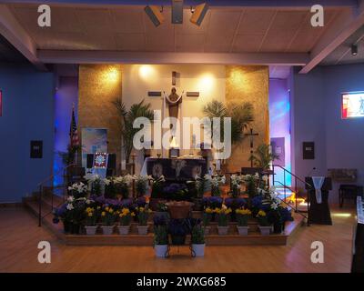 Interior of a mid 20th century Roman Catholic church decorated for the ...