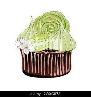 Festive cupcake with cream. Realistic style. Hand drawn illustration isolated on white background. Graphic element for pastry shops, cafe and bar menu Stock Photo