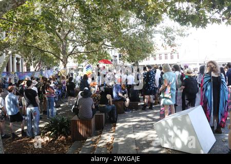 Sydney, Australia. 31st March 2024. Trans Day of Visibility Rally 2024 organised by Pride in Protest. Protesters assembled at Newtown Hub/Pride Square where speakers addressed the rally before they marched along King Street to Sydney Park, St Peters. Pictured: protesters at Newtown Hub/Pride Square. Credit: RM/Alamy Live News Stock Photo