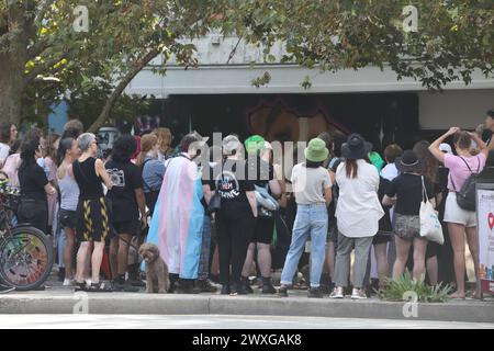 Sydney, Australia. 31st March 2024. Trans Day of Visibility Rally 2024 organised by Pride in Protest. Protesters assembled at Newtown Hub/Pride Square where speakers addressed the rally before they marched along King Street to Sydney Park, St Peters. Pictured: protesters at Newtown Hub/Pride Square. Credit: RM/Alamy Live News Stock Photo