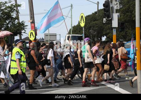 Sydney, Australia. 31st March 2024. Trans Day of Visibility Rally 2024 organised by Pride in Protest. Protesters assembled at Newtown Hub/Pride Square where speakers addressed the rally before they marched along King Street to Sydney Park, St Peters. Credit: RM/Alamy Live News Stock Photo