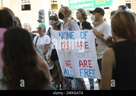 Sydney, Australia. 31st March 2024. Trans Day of Visibility Rally 2024 organised by Pride in Protest. Protesters assembled at Newtown Hub/Pride Square where speakers addressed the rally before they marched along King Street to Sydney Park, St Peters. Credit: RM/Alamy Live News Stock Photo