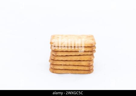 Stack of crackers biscuits isolated on a white background with copy space. Stock Photo