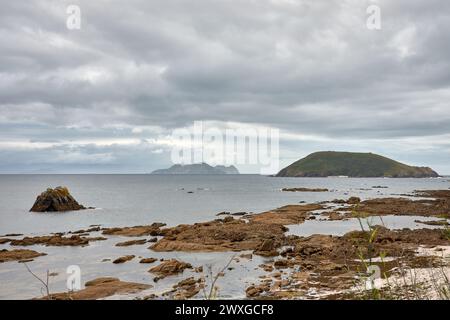 Panoramic view of Onza Island and the Cíes Islands seen from Ons Island, Atlantic Islands National Park on a cloudy day Stock Photo