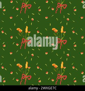 Green seamless pattern with wild flowers. Autumn floral background in retro style. Decorated backdrop for wallpaper and fabric with a bouquet. For bed linen, fabric and clothing. Vector illustration Stock Vector