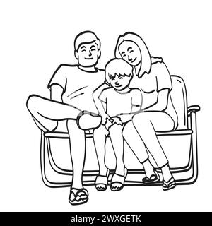 family of three sitting on sofa illustration vector hand drawn isolated on white background Stock Vector