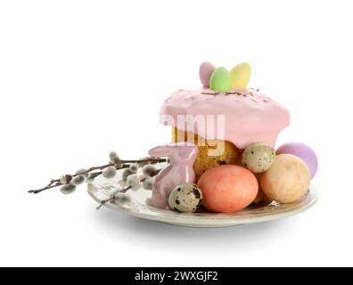 Easter cake, toy bunny, willow branch and painted eggs isolated on white background Stock Photo