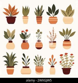 Vector set of various plants in vases clip arts. Collection of flowers in pots for home decoration. Greenery in vessels. Natural design elements Stock Vector