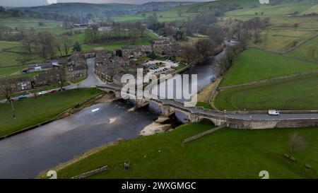 Aerial View Burnsall Bridge, Yorkshire Dales UK Stock Photo