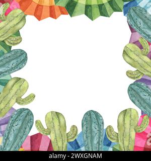 Square template frame with cacti and Mexican fiesta paper flower fans for Cinco de Mayo. Hand drawn colorful watercolor clipart. Design in geometrical Stock Photo