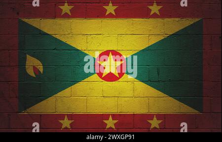 Flag of Grenada painted on a cinder block wall. Stock Photo