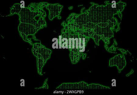 Green world map filed with binary code against a black background. Stock Photo
